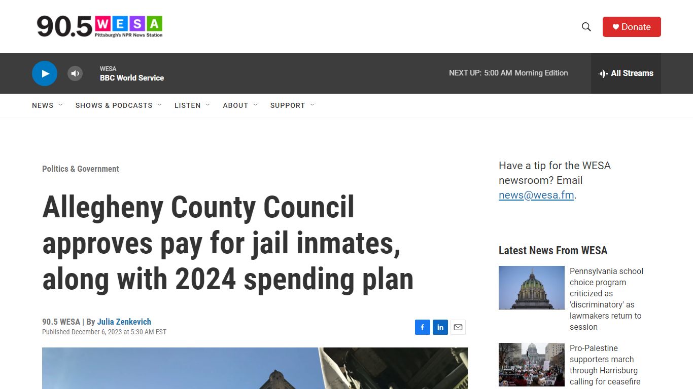 Allegheny County Council approves pay for jail inmates | 90.5 WESA